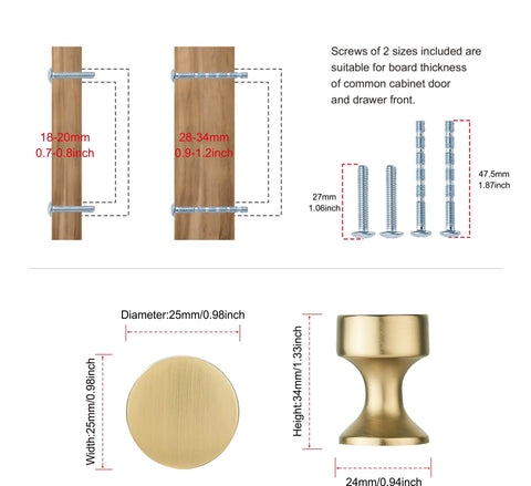Dimensions and screws for Champagne Bronze Cabinet Knobs 10 Pack Modern Drawer Pulls For Kitchen Cabinets Bathroom And Bedroom Furniture Hardware