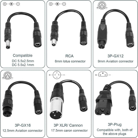 Universal 42V 2A 7-In-1 Charger For 36V Li-Ion Scooters And E-Bikes With Multiple Plug Heads and connectors shown