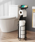 Black Free Standing Toilet Paper Holder With Shelf 2 Pack Dope Bathroom Storage Stand near white toilet
