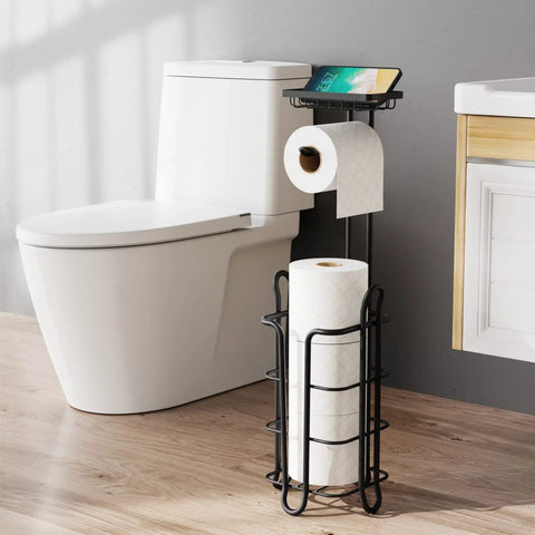 Black Free Standing Toilet Paper Holder With Shelf 2 Pack Dope Bathroom Storage Stand near white toilet