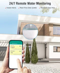 Smart Water Leak Detector Sensor With 95dB Alarm, app on phone showing leak alert, modern house background, WiFi monitor.