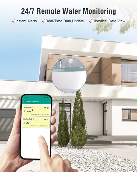 Smart Water Leak Detector Sensor With 95dB Alarm, app on phone showing leak alert, modern house background, WiFi monitor.