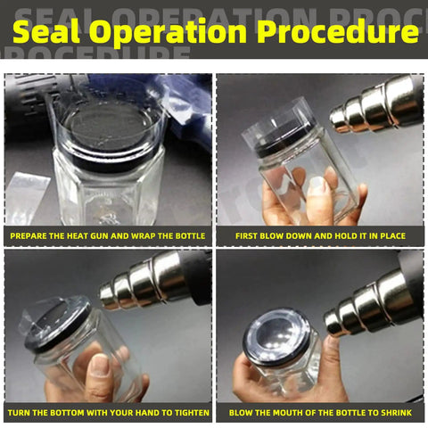 Seal operation procedure for using 1250 Pcs Clear PVC Heat Shrink Bands on jars with heat gun techniques.
