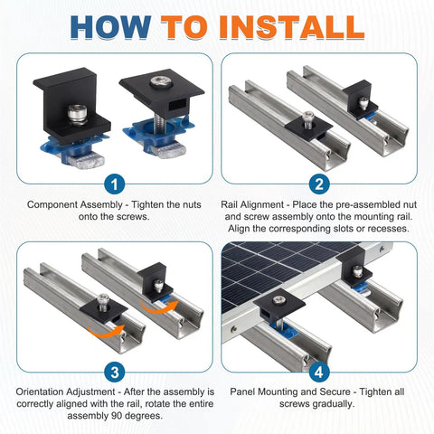 How to install All Weather Aluminum Solar Panel Mounting Clamp Kit For 45mm Rails With Mid And Side Locks
