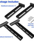 Heavy Duty Universal Headboard Bracket Kit for Adjustable Beds Featuring Hella Flexible Height Adjustment Easy Hookup and Bulletproof Mounting for Twin Queen King Platform Frame Beds components including headboard extensions and bolts.