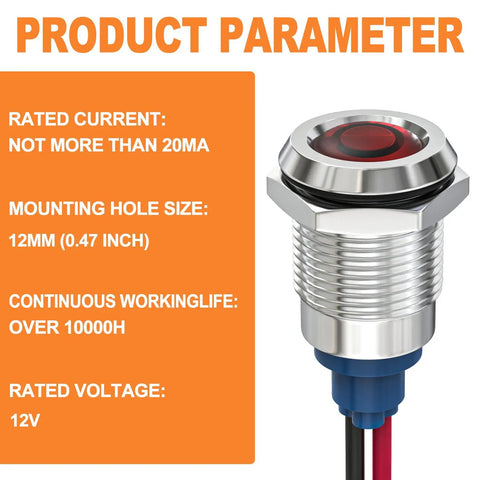 Low Power Red LED Indicator Light for Panel Mount Energy Saving 12V 24V 110V AC and DC 20mA Flush Mount Panel Light specifications