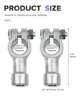 Two Pack Top Post To Side Post Battery Adapter For Cars And Trucks Heavy Duty Metallic Clamps showing size measurements for compatibility.