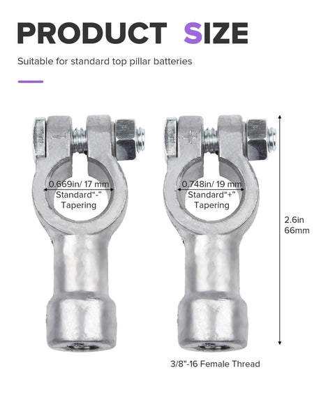 Two Pack Top Post To Side Post Battery Adapter For Cars And Trucks Heavy Duty Metallic Clamps showing size measurements for compatibility.