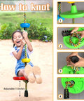 Child swinging on a red disc rope swing with steps for tying knots, Backyard Tree Swing For Kids With Single Disc Rope Climbing Seat