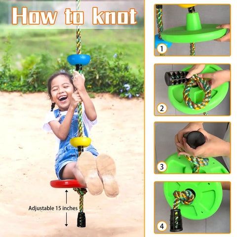 Child swinging on a red disc rope swing with steps for tying knots, Backyard Tree Swing For Kids With Single Disc Rope Climbing Seat
