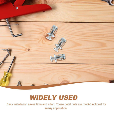 25 Piece Thread Nut Insert Kit For Metal With Easy Installation And High Reliability Galvanized Carbon Steel Petal Rivet Nuts For Hollow Wall Fastening And Secure Mounting In DIY Projects, shown on wood