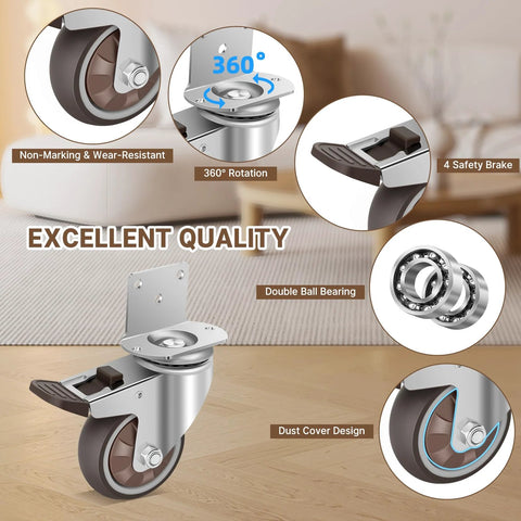 WEIBIDA 3-inch side-mount caster wheels, set of 4 with brakes; 360° swivel, double ball bearings.