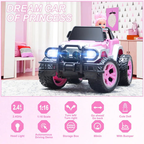 Pink Remote Control Car For Girls 1:16 Scale With Doll And Sticker Pack displayed in a child’s room with headlights on