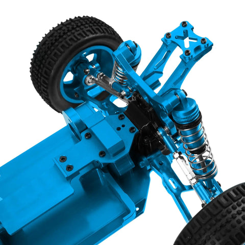 Blue metal RC chassis frame kit 1/14 4WD for WLtoys 144010 144001 144002, durable DIY truggy frame, bottom view.