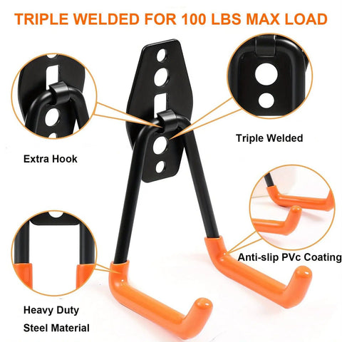 Close-up of 16 Pack Garage Hooks Set Durable Wall Mount Storage System With Heavy Duty Industrial Hangers for secure tool storage
