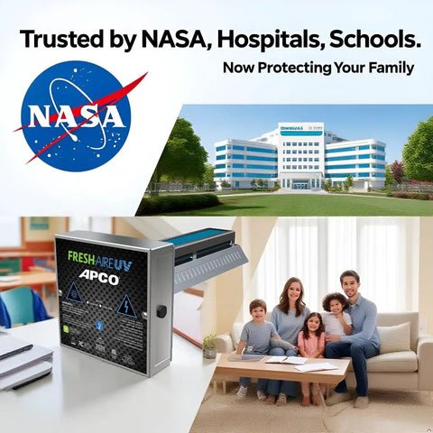 Carbon Cell Matrix HVAC UV Air Purifier With Power Cord Including 1 Year UVC Lamp on table, family sitting on couch