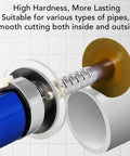 Inside Pipe Cutter With One Quarter Inch Hex Shank cutting PVC pipe, featuring easy depth lock and tool-free adjustment in action