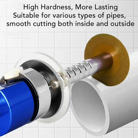 Inside Pipe Cutter With One Quarter Inch Hex Shank cutting PVC pipe, featuring easy depth lock and tool-free adjustment in action