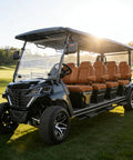 Smooth Operator Eight Seater Electric Golf Cart Built Tough For Your Whole Crew on grass with sun glare.