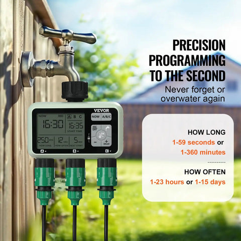 Three Zone Hose Water Timer With Independent Outlets And LCD Display Rain Delay And Manual Mode mounted on outdoor faucet