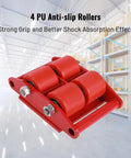 Heavy Duty Machinery Skates With 360 Degree Rotation 6 Ton Capacity featuring 4 red PU rollers in a warehouse setting