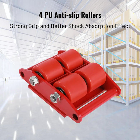 Heavy Duty Machinery Skates With 360 Degree Rotation 6 Ton Capacity featuring 4 red PU rollers in a warehouse setting