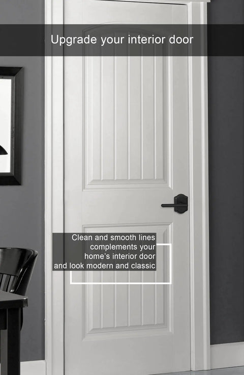 Matte Black Interior Door Handle Set With Privacy Lever For Bedroom And Bathroom on white wooden door