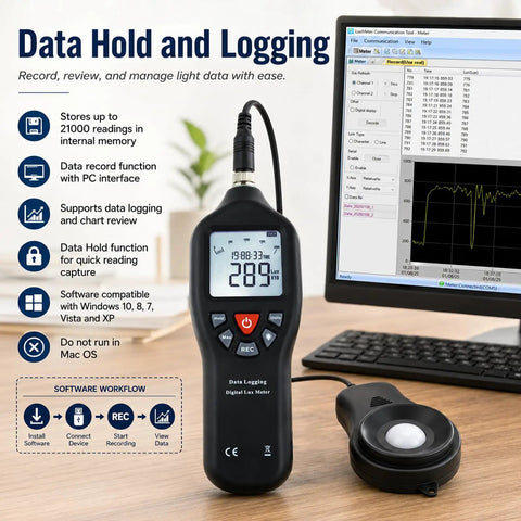 Pro Grade Digital Light Meter Lux Meter With Detachable Sensor 0 To 200000 Lux Range, with PC logging and display