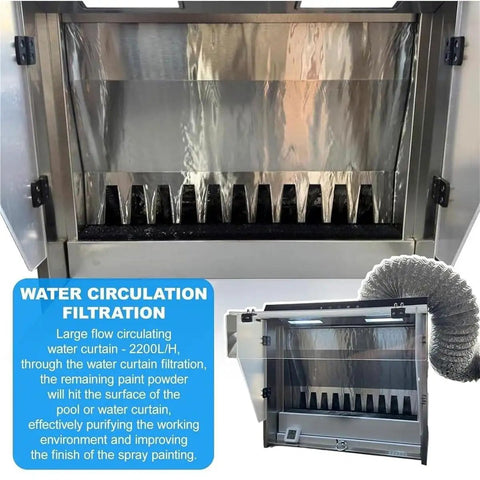 Rock Solid Waterfall Airbrush Spray Booth Delivers Hella Clean Airflow Through Advanced Water Curtain Filtering Paired With Responsive Gesture Panels And Crisp Led Illumination, showcasing water circulation filtration.