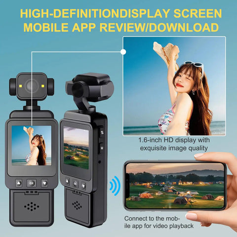 Body Mounted Action Camera For Vlogging With WiFi Night Vision And Stabilization 2.5K Video Rotating 360 Degree Lens display