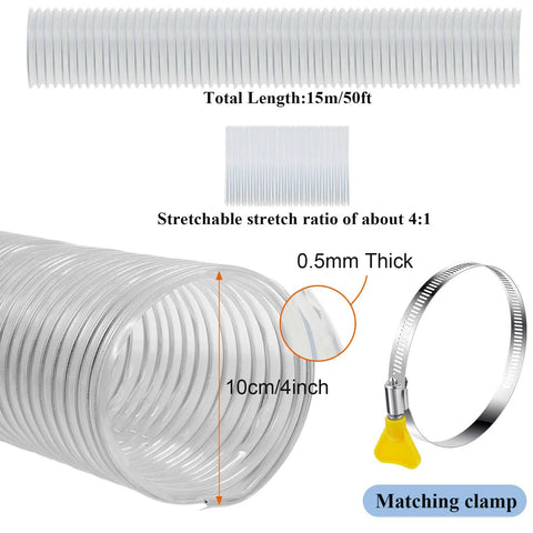 4 Inch 50 Ft Heavy PVC Dust Collection Hose With Clear Flexible PVC Fume Hose, Stainless Steel Wire Coil, Clamps Included