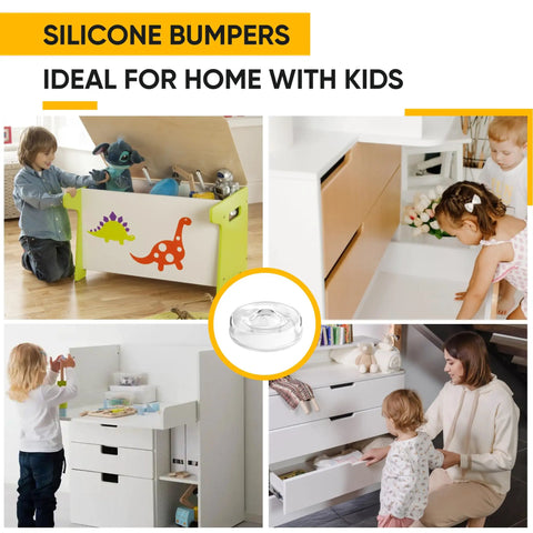 Children using furniture with 128 Self Adhesive Cabinet Door Bumpers For Quiet Closures No Slams, Clear Silicone Rubber Pads.