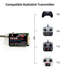 R8SM 2.4 GHz 8 Channel Mini Receiver For FPV Drones With SBUS PPM Long Range Control Ultra Tiny Size FHSS Anti Interference Technology Compatible With T8FB T8S Transmitters, shown with compatible Radiolink transmitters T8S, T8FB, T16D, T12D.