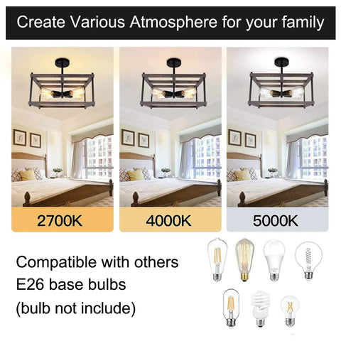 4 Light Farmhouse Semi Flush Mount Ceiling Light Rustic Wood And Black Metal Industrial Vibe Fixture For Living Room Dining Room Hallway Kitchen Entryway Now