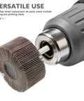 Twelve Piece Buffing Wheel Kit With Sanding Flap Bits Polishing Heads For Drill Press And Metal Die Grinding To Get A Professional Smooth Finish Fast close-up of a sanding flap wheel attached to a drill.