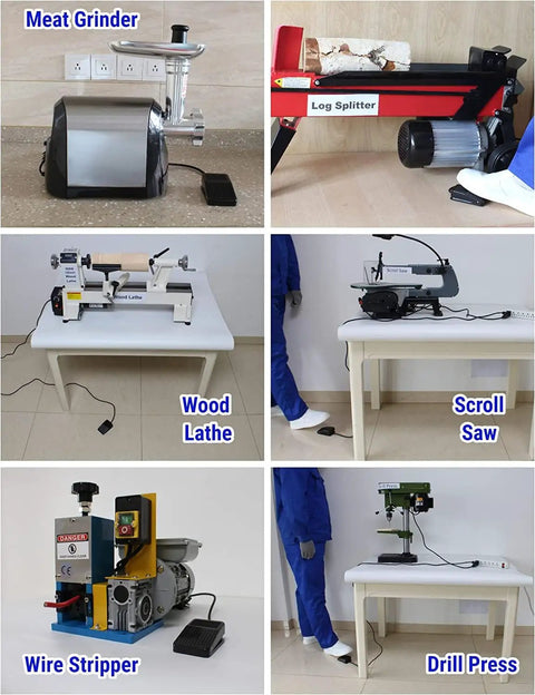 Heavy Duty 10 Foot Momentary Foot Switch Pedal Controller with 3 Prong Piggyback Plug for Power Tools in workshop setup.
