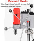 Piefeak 6-Speed Electric Pillar Drill Bench Machine With Vice close-up view of the extended handle and chuck.
