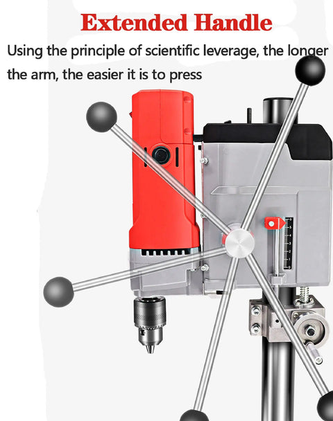 Piefeak 6-Speed Electric Pillar Drill Bench Machine With Vice close-up view of the extended handle and chuck.