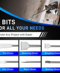 Six-piece masonry chisel kit with tile, grooving, scraping, flat, point, and scaling chisels