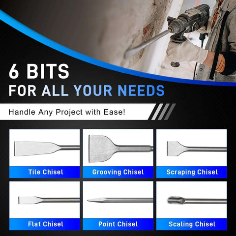 Six-piece masonry chisel kit with tile, grooving, scraping, flat, point, and scaling chisels