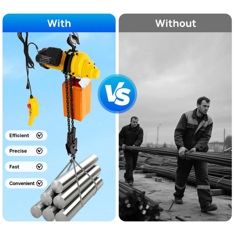 Industrial Grade Beefed Up Electric Chain Hoist Featuring Double Steel Chains And Wireless Remote 2200 Lb Capacity Overhead Crane image comparison with efficient lifting vs manual labor.