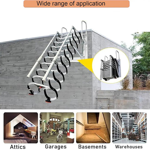 Heavy Duty Electric Telescoping Ladder With Retractable Folding Attic Stairs Featuring A Solid Reinforced Frame And Grippy Wide Treads Built Like A Tank For Tight Lofts visible mounted on building for loft access.