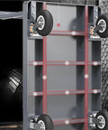 Close-up of Heavy Duty Flatbed Platform Cart showing heavy casters, steel deck and roller support for smooth movement.
