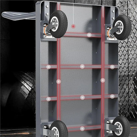 Close-up of Heavy Duty Flatbed Platform Cart showing heavy casters, steel deck and roller support for smooth movement.