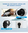 Heavy Duty Portable EV Charger With A Hella Durable IP67 Waterproof Build And Top Notch Safety Guards For Super Smooth 16 Amp Type 2 To Type 1 SAE J1772 EVSE Charging On Any Road Trip showing GBT standard connectors.