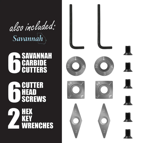 Carbide Mini Turning Tool Set For Wood Lathe 3 Piece with screws, carbide cutters, and hex key wrenches.