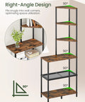 Heavy Duty Six Tier Industrial Corner Shelf With Swap Out Wood And Steel Mesh Boards Plus Work Surface Kicks Up Storage In Tight Quarters showing right-angle design and rustic wooden shelves.