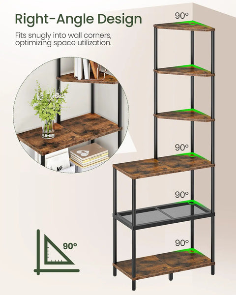 Heavy Duty Six Tier Industrial Corner Shelf With Swap Out Wood And Steel Mesh Boards Plus Work Surface Kicks Up Storage In Tight Quarters showing right-angle design and rustic wooden shelves.