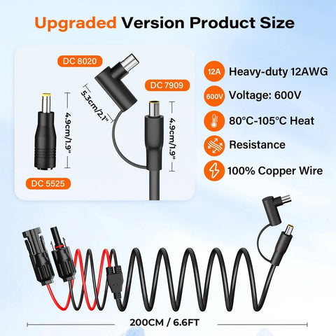 Solar Panel Extension Cable MC4 To 8mm DC Connector 6.6 Feet 12AWG with DC5525, DC7909, DC8020 connectors, copper wire