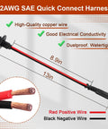 12AWG SAE quick connect harness with sidewall port, red and black wires, waterproof extension for solar, RV, boat wiring